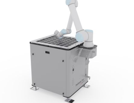 Profeeder tray robot cell for machine tending